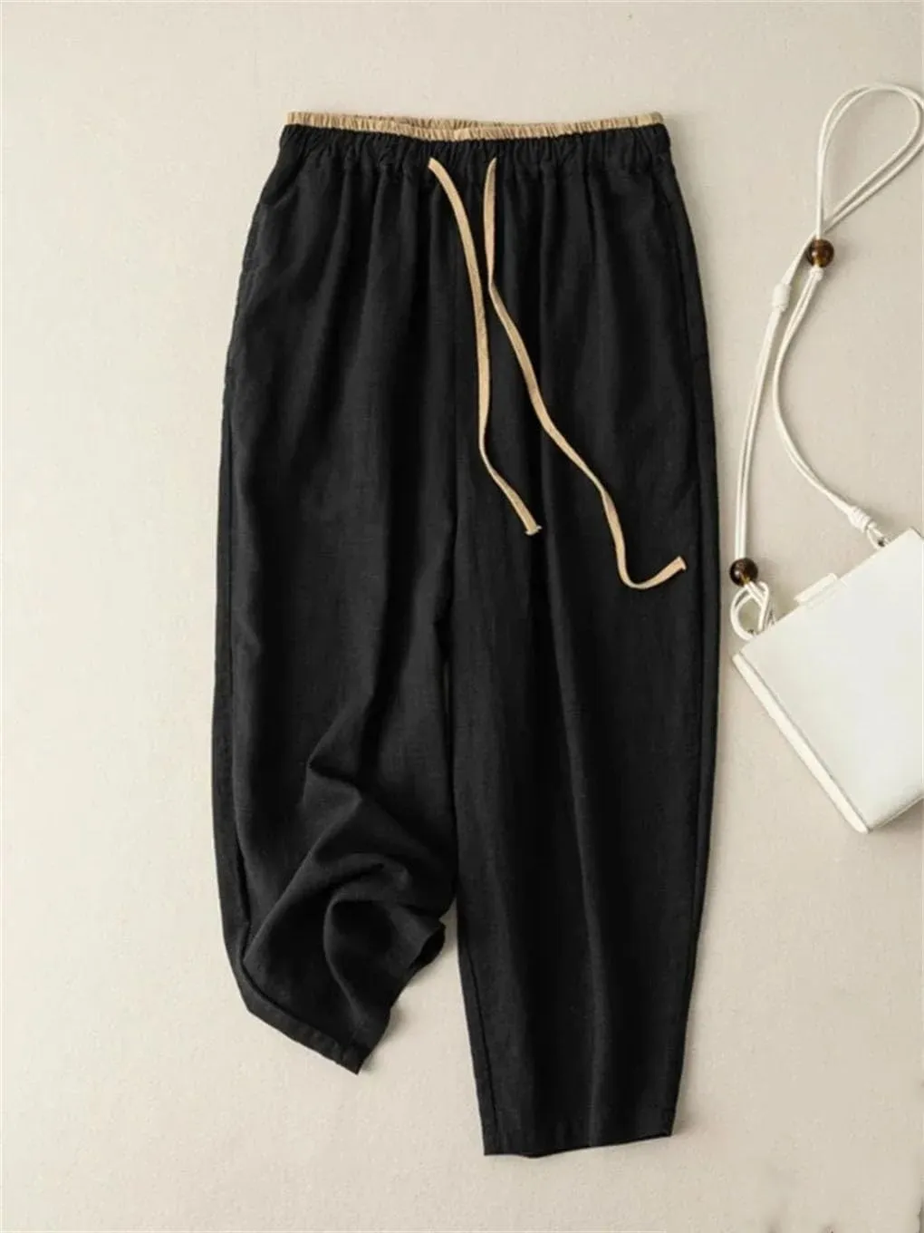 Elastic Drawstring Waist Casual Pants Cotton Linen Loose Harem Pants All-Match Wide-Leg Pants