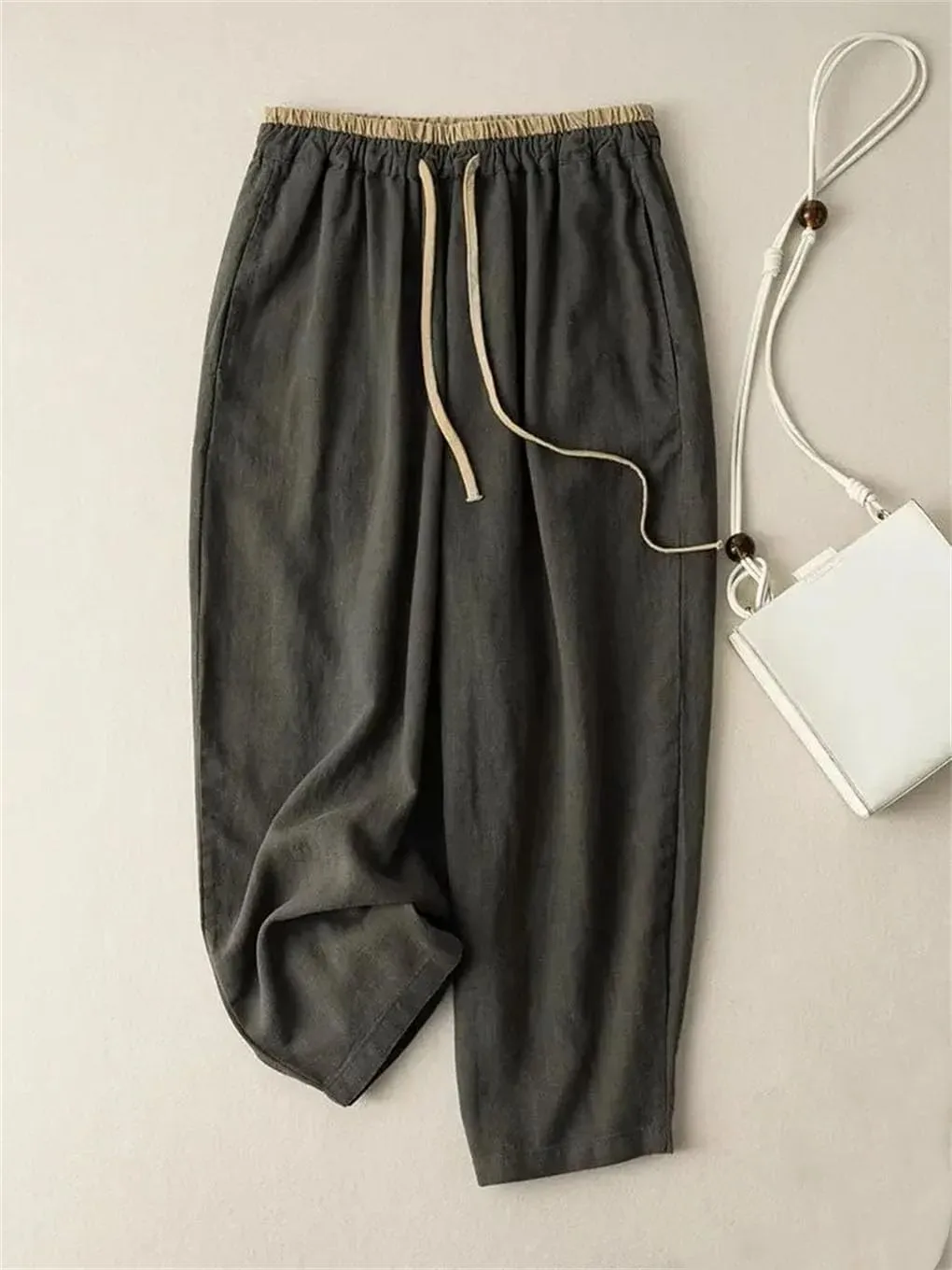 Elastic Drawstring Waist Casual Pants Cotton Linen Loose Harem Pants All-Match Wide-Leg Pants
