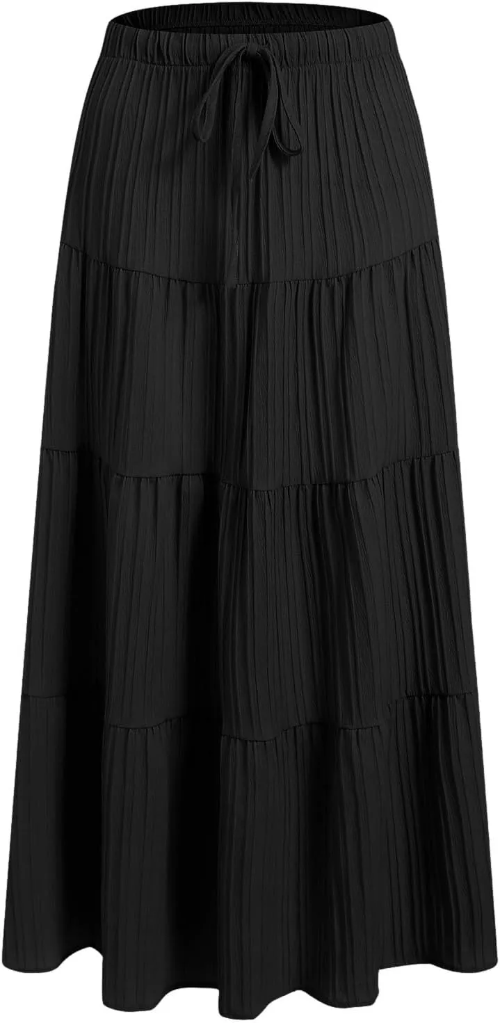 Elastic Waistband Long Beach Skirt Elegant Swinging Layered White Dress Women Beach Fashion for Women Black Skirt