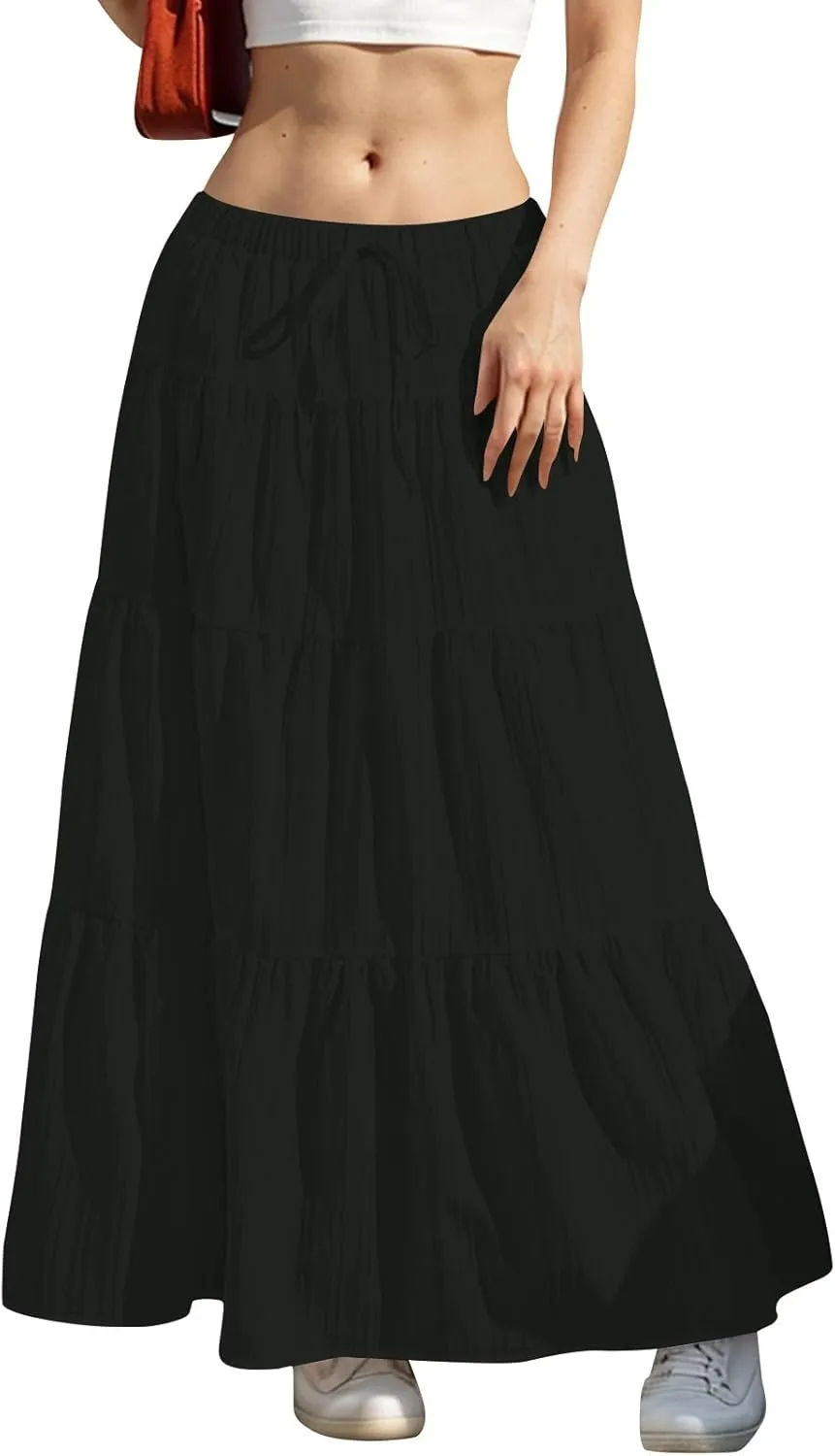 Elastic Waistband Long Beach Skirt Elegant Swinging Layered White Dress Women Beach Fashion for Women Black Skirt