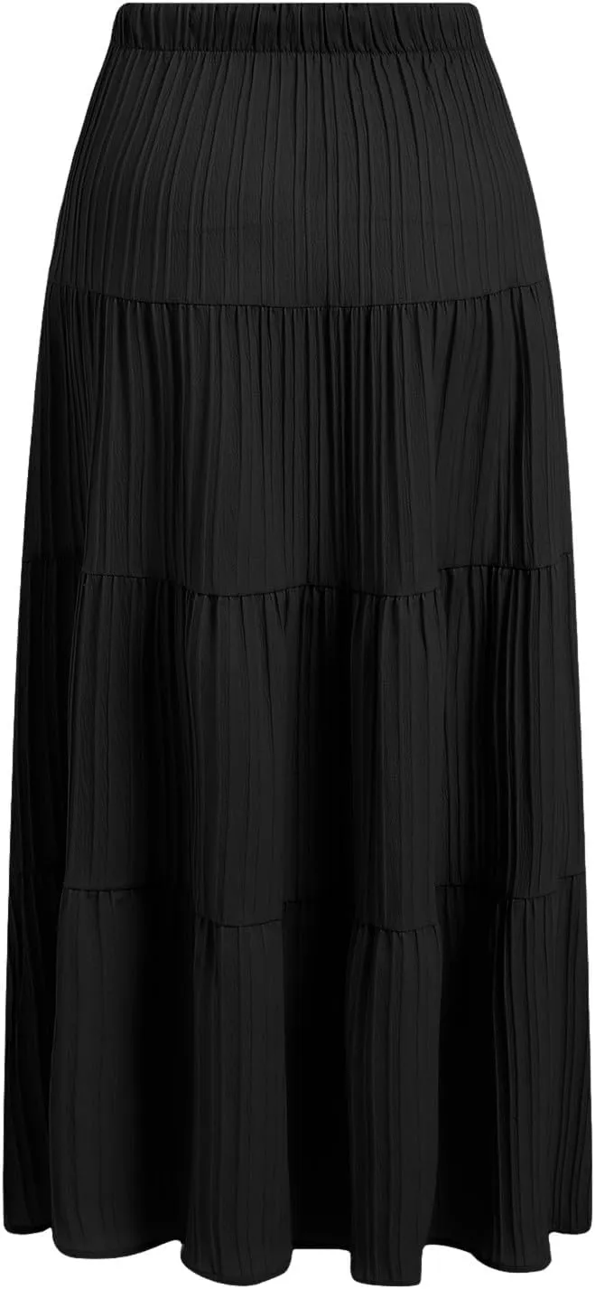Elastic Waistband Long Beach Skirt Elegant Swinging Layered White Dress Women Beach Fashion for Women Black Skirt