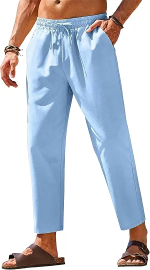 evzosrz Casual Beach Pants for Men Cotton Linen Summer Fashion Lightweight Yoga Trousers Drawstring Elastic Waist Lounge Pant
