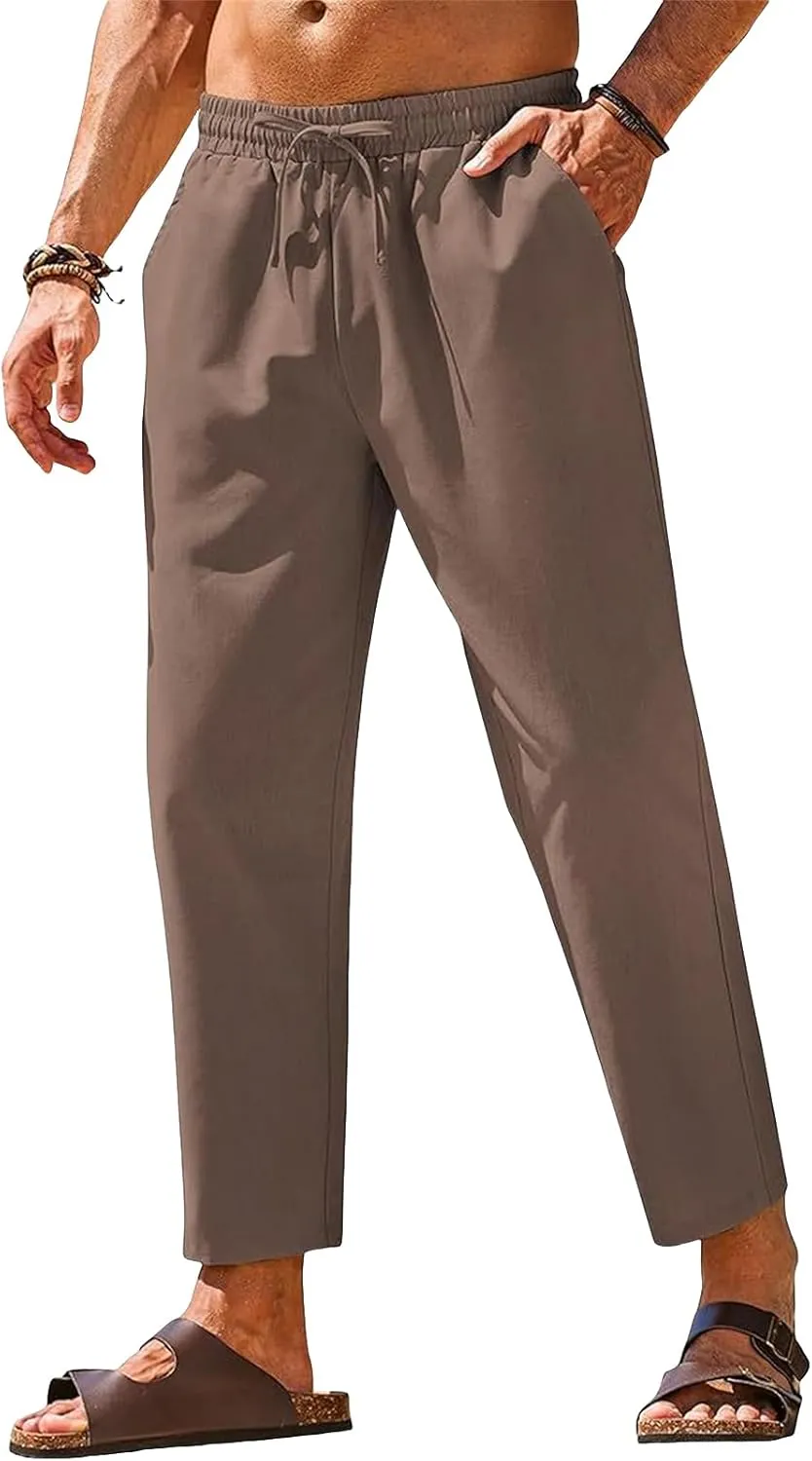 evzosrz Casual Beach Pants for Men Cotton Linen Summer Fashion Lightweight Yoga Trousers Drawstring Elastic Waist Lounge Pant