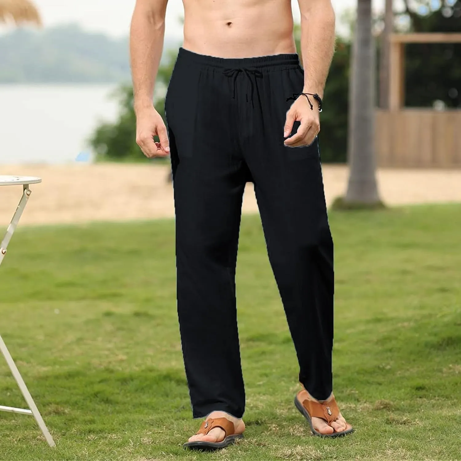 evzosrz Mens Linen Cotton Pants Casual Slim Fit Joggers Athletic Workout Solid Elastic Trousers Fall Beach Vacation Pant