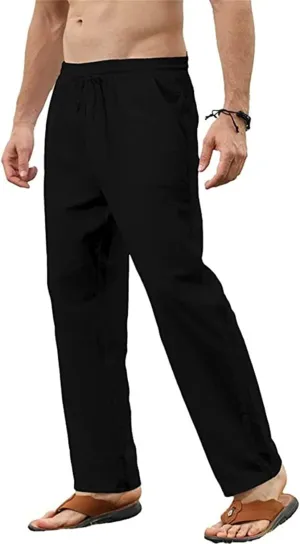 evzosrz Mens Linen Cotton Pants Casual Slim Fit Joggers Athletic Workout Solid Elastic Trousers Fall Beach Vacation Pant