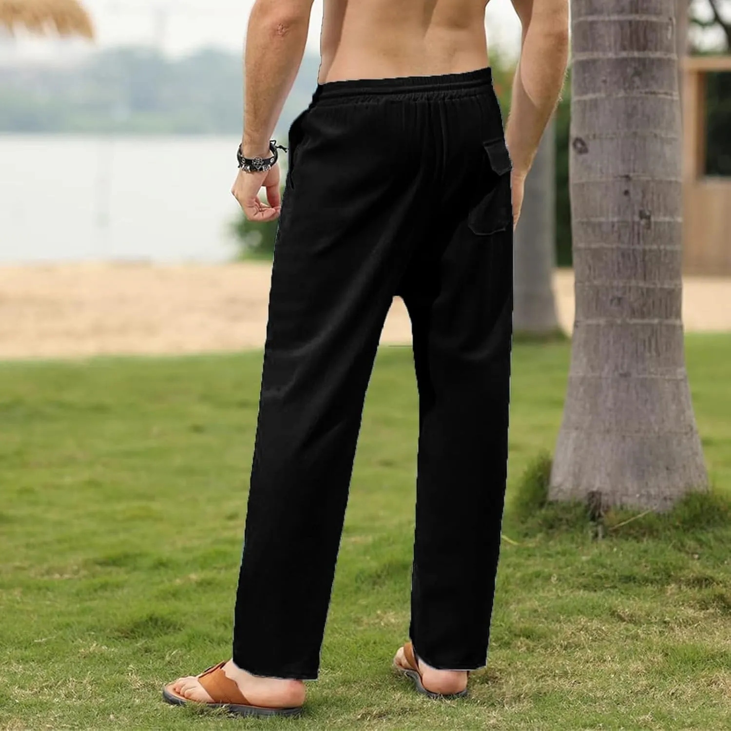 evzosrz Mens Linen Cotton Pants Casual Slim Fit Joggers Athletic Workout Solid Elastic Trousers Fall Beach Vacation Pant