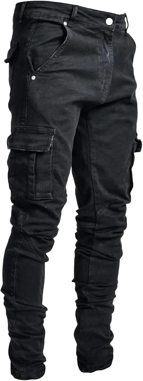 evzosrz Men's Slim Fit Jeans Multi Pockets Ripped Distressed Destroyed Stretch Skinny Denim Pants Fashion Denim Pants
