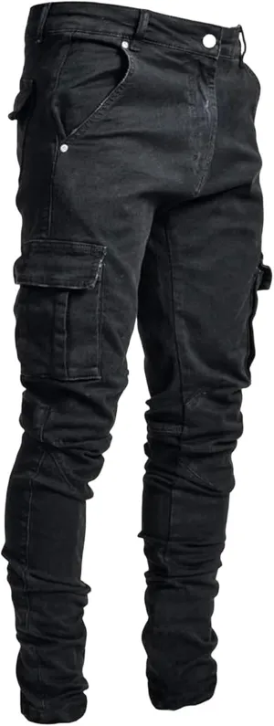 evzosrz Men's Slim Fit Jeans Multi Pockets Ripped Distressed Destroyed Stretch Skinny Denim Pants Fashion Denim Pants