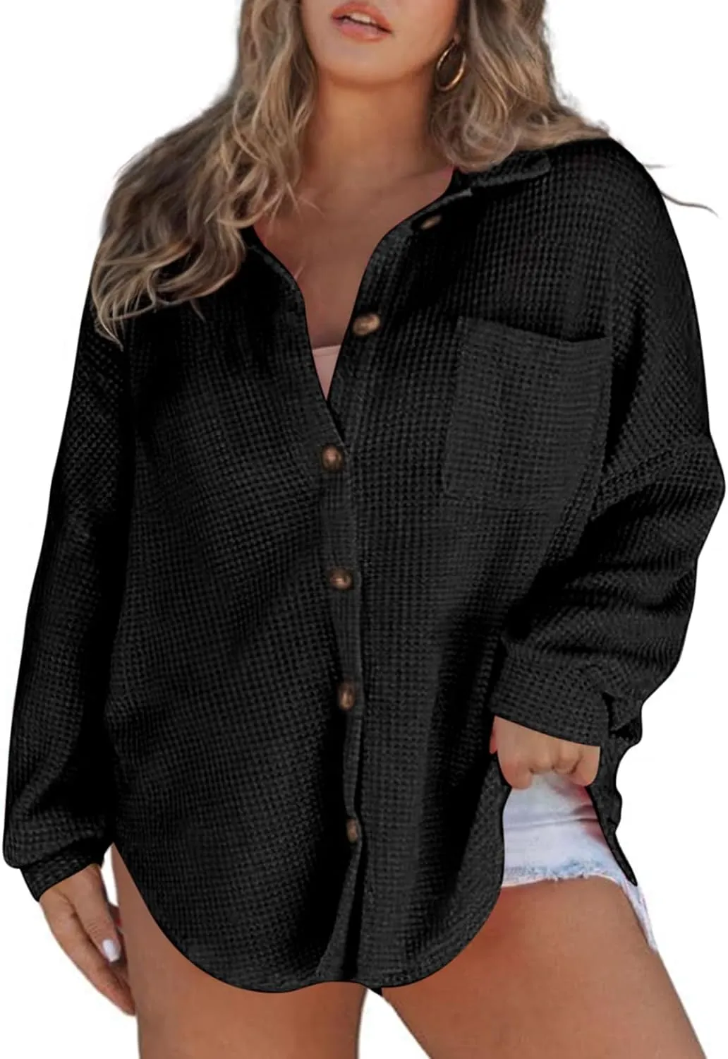 Eytino Womens Plus Size Boyfriend Shirts Casual Long Sleeve Button Down Oversized Waffle Knit Shacket Jacket(1X-5X)