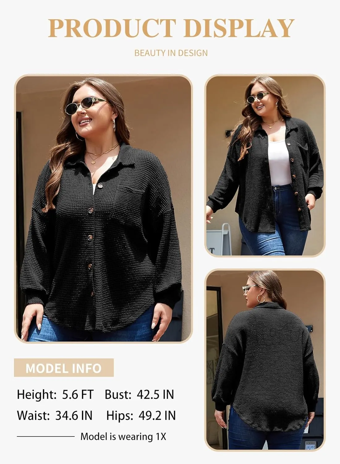 Eytino Womens Plus Size Boyfriend Shirts Casual Long Sleeve Button Down Oversized Waffle Knit Shacket Jacket(1X-5X)