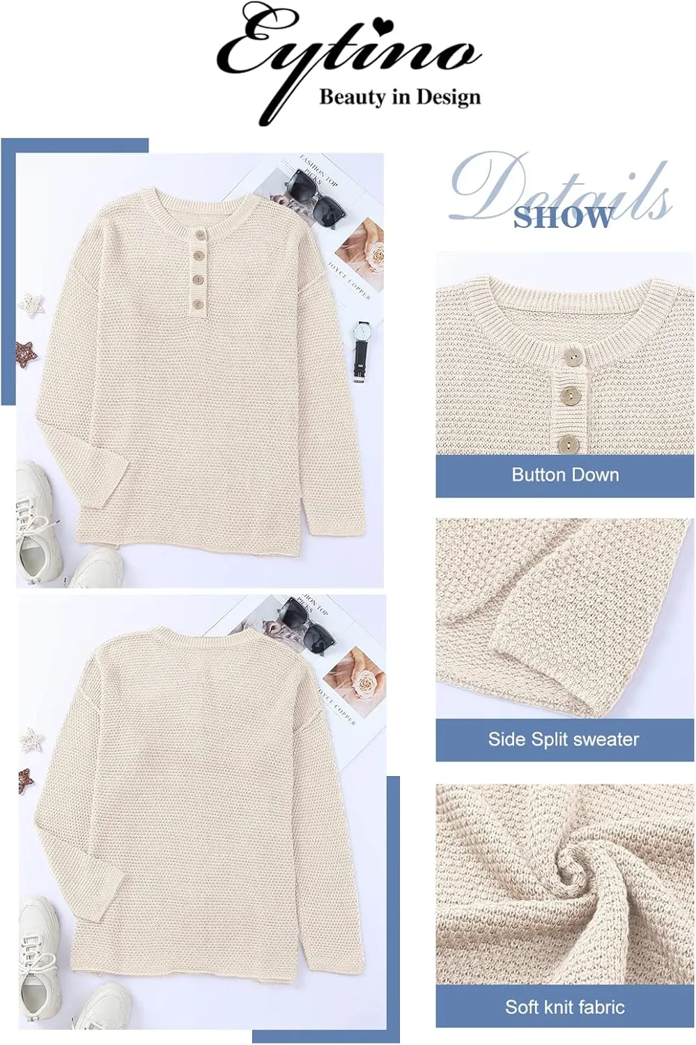 Eytino Womens Plus Size Sweaters Casual Long Sleeve Loose V Neck Button Henley Tops Pullover Knit Jumpers,(1X-5X)