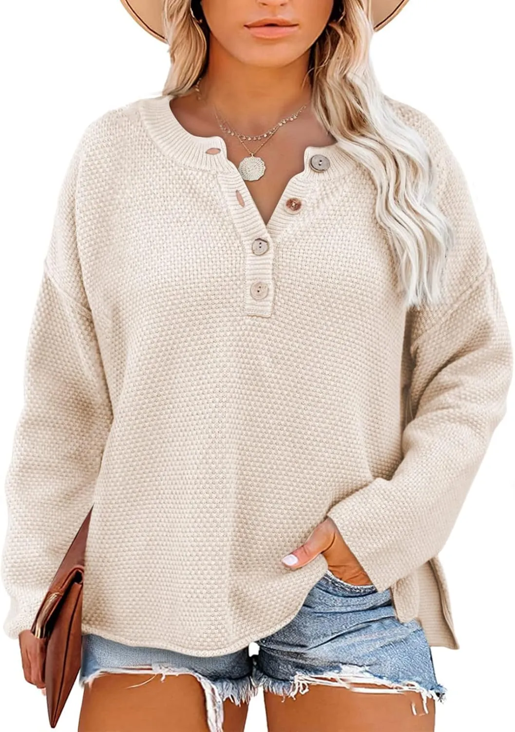 Eytino Womens Plus Size Sweaters Casual Long Sleeve Loose V Neck Button Henley Tops Pullover Knit Jumpers,(1X-5X)