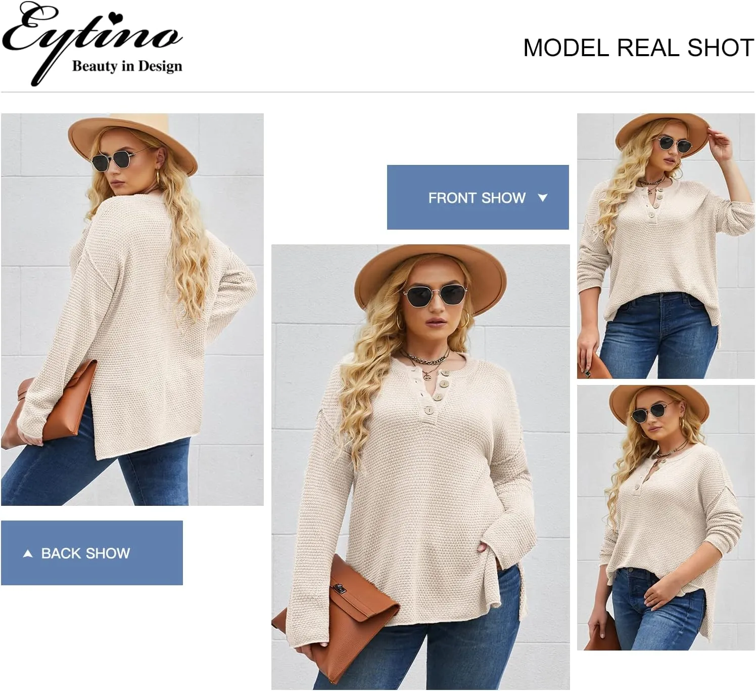 Eytino Womens Plus Size Sweaters Casual Long Sleeve Loose V Neck Button Henley Tops Pullover Knit Jumpers,(1X-5X)