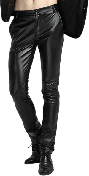 Faleave Men's Faux Leather Pants Skinny Stretch Black Red Slim Fit Suit Pants