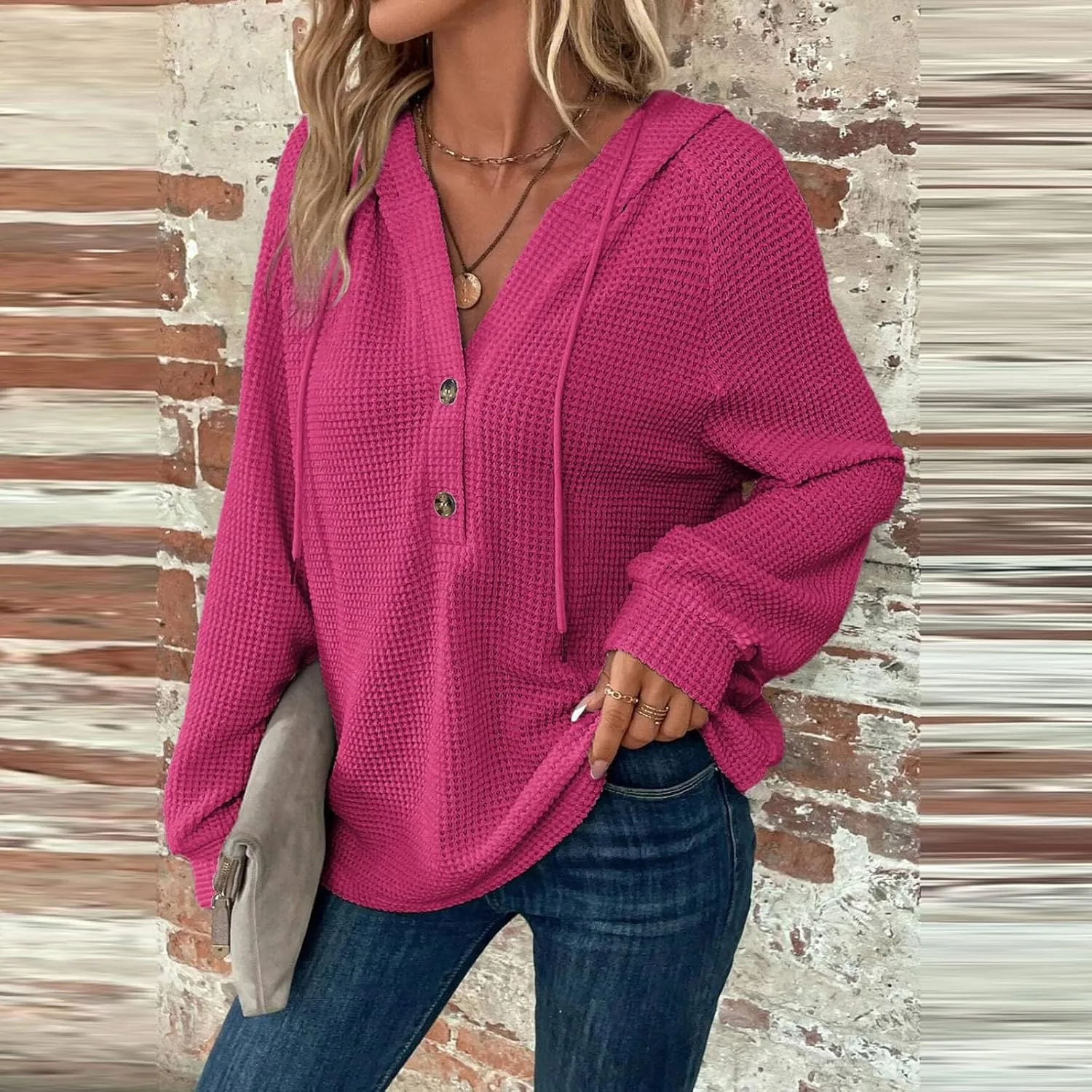Fall Hoodies for Women Waffle Knit Raglan Long Sleeve Tops V Neck Button Down Shirts Hooded Tunic Pullover Sweaters