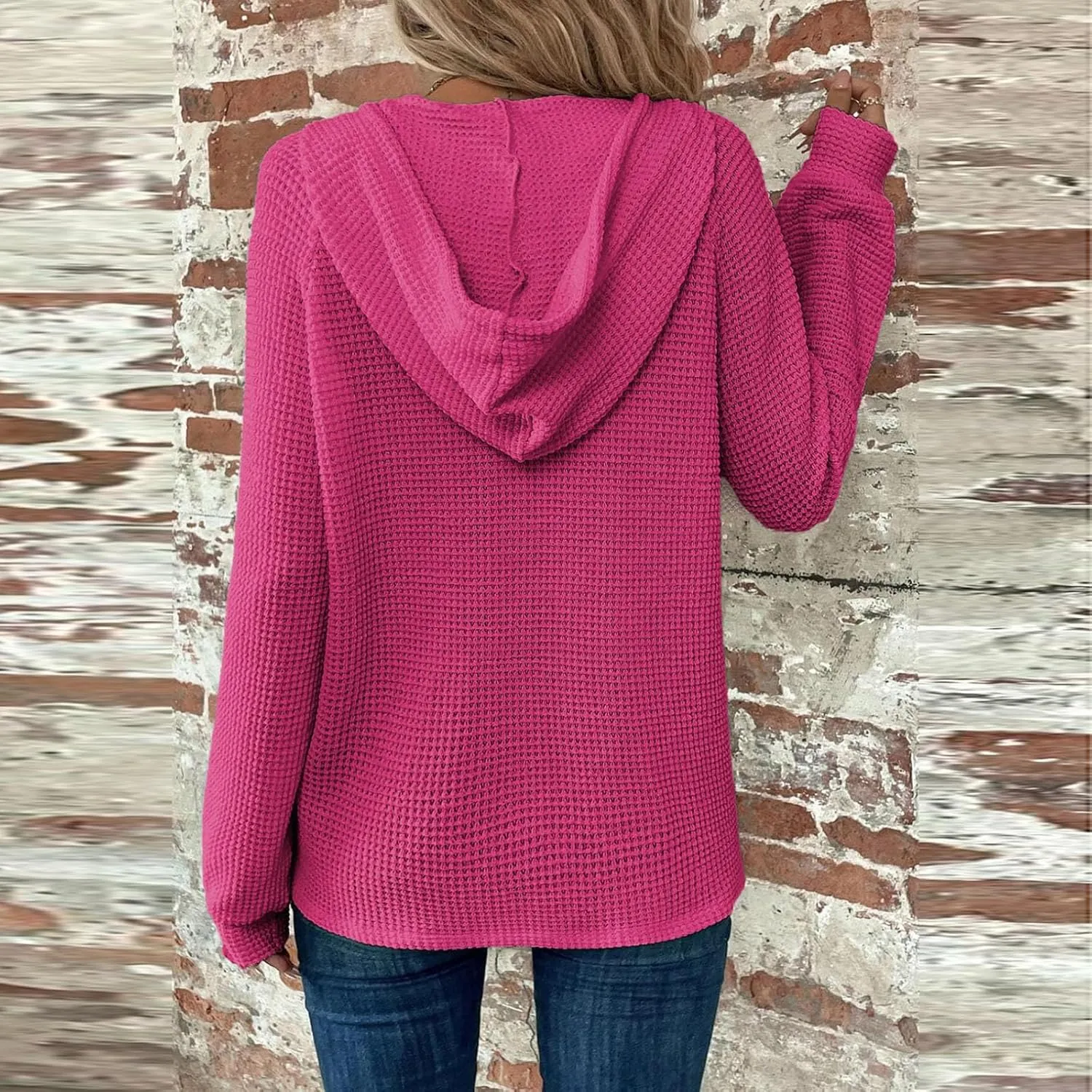 Fall Hoodies for Women Waffle Knit Raglan Long Sleeve Tops V Neck Button Down Shirts Hooded Tunic Pullover Sweaters