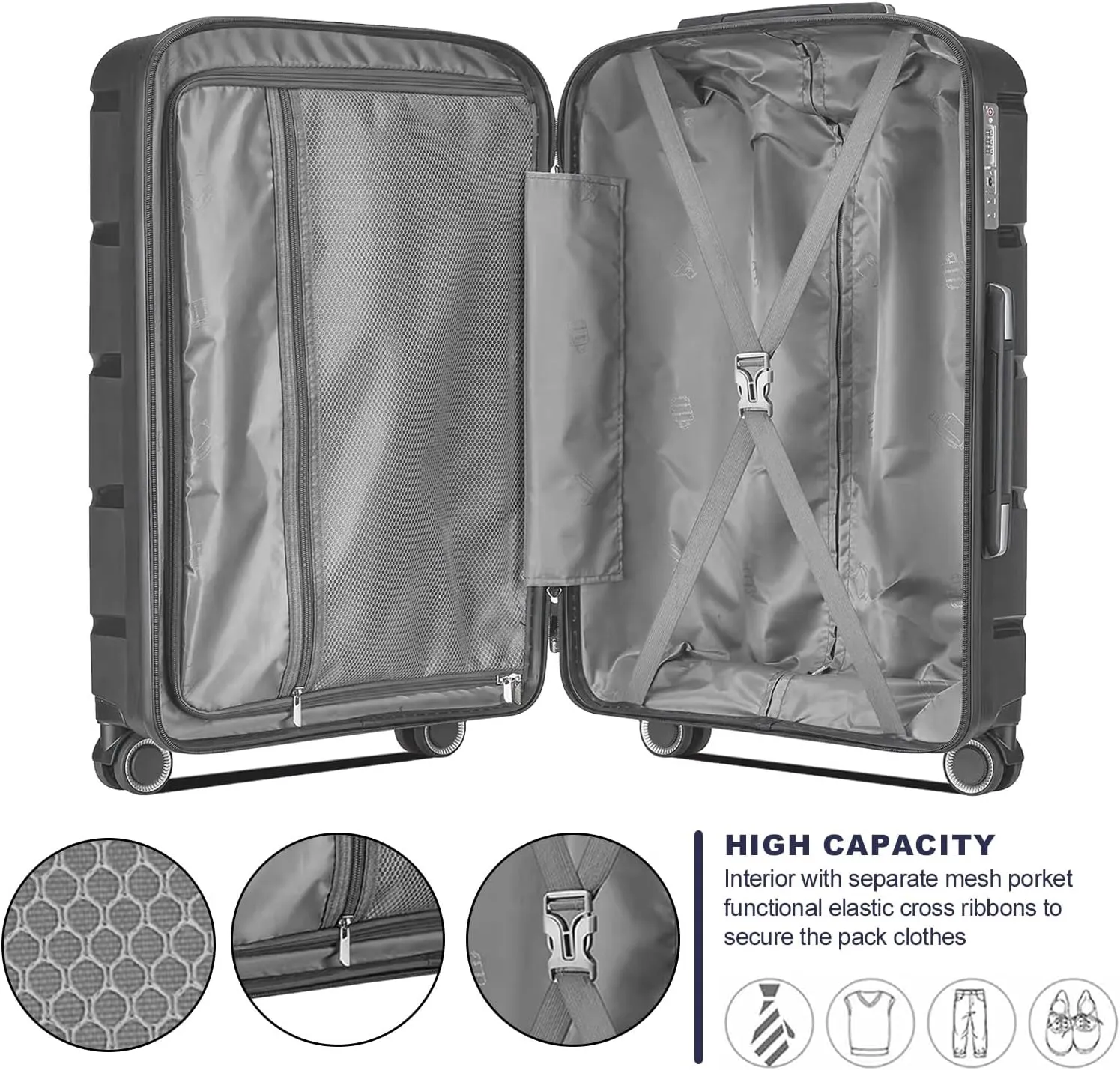 Fancial Expandable Luggage with Spinner Wheels, Gray, Carry-On 20-Inch