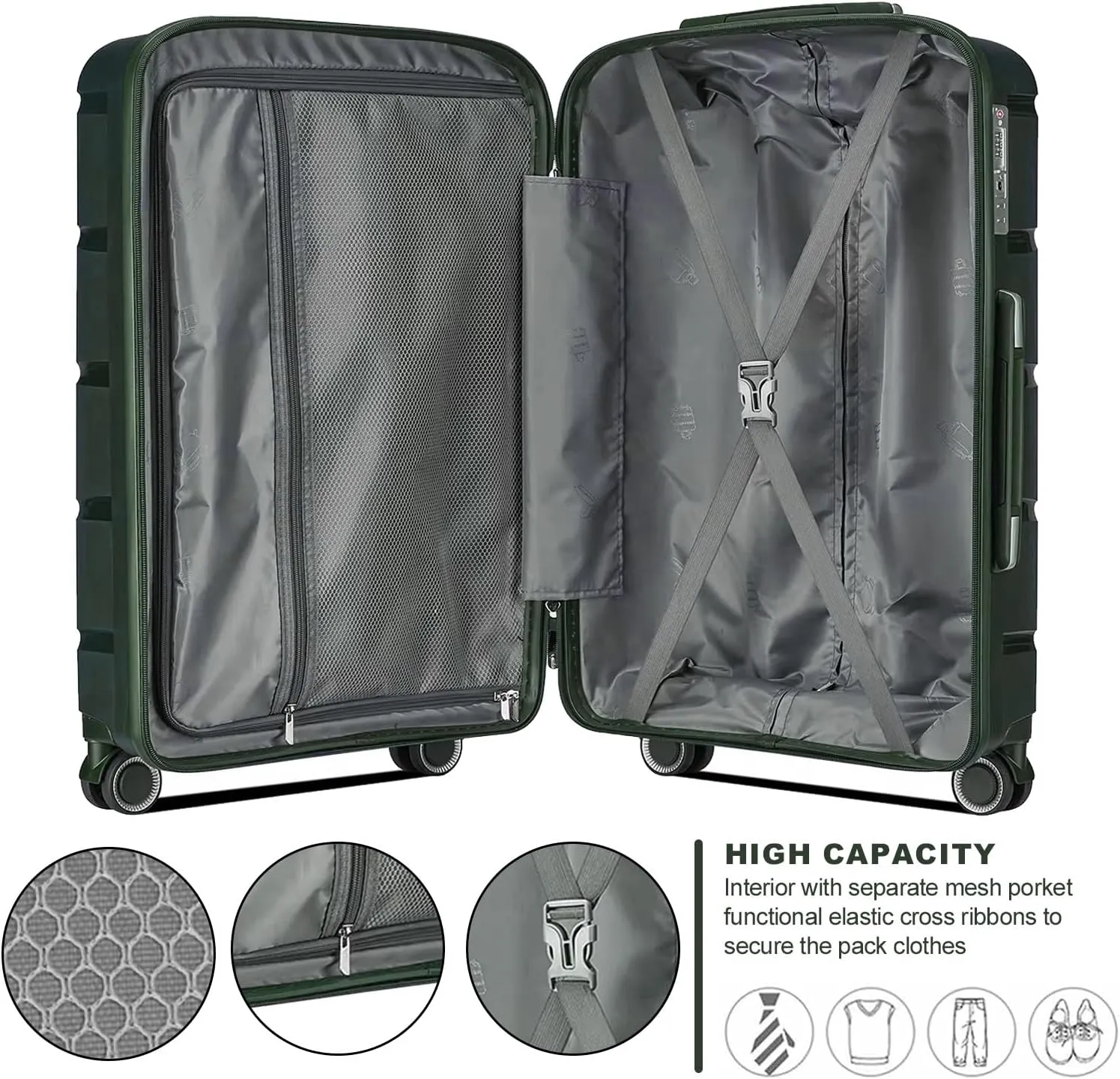 Fancial Expandable Luggage with Spinner Wheels, Green, Carry-On 20-Inch