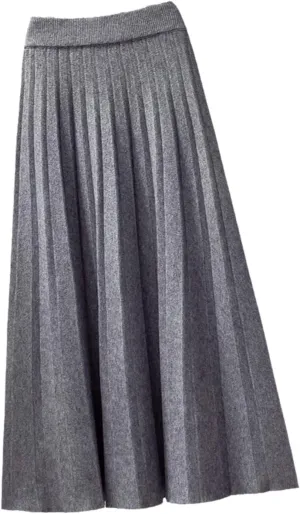 Fashion Autumn Winter Knitted Midi Long Pleated Skirt Women Korean Style Blue Mid-Length High Waist Skirt