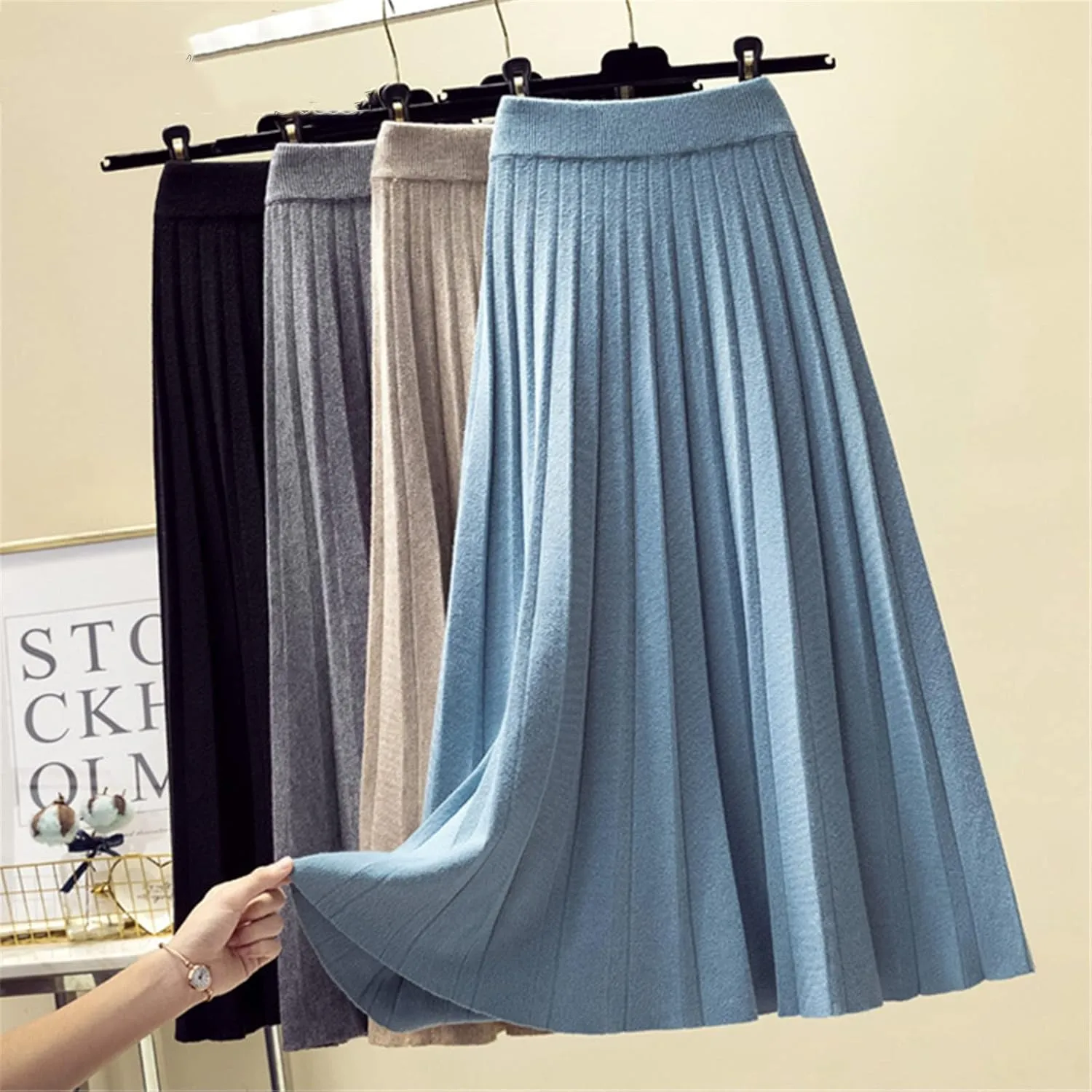 Fashion Autumn Winter Knitted Midi Long Pleated Skirt Women Korean Style Blue Mid-Length High Waist Skirt