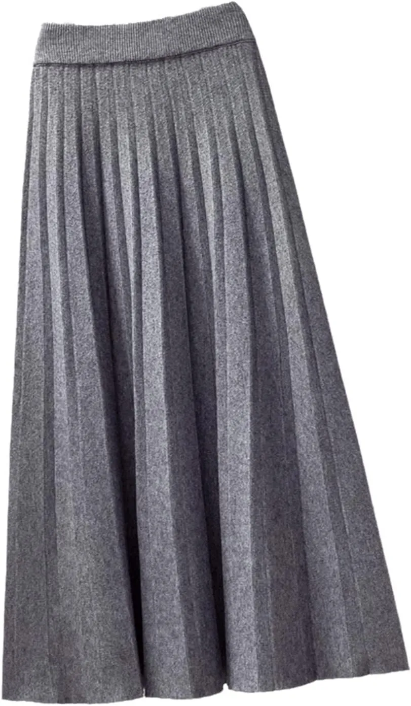 Fashion Autumn Winter Knitted Midi Long Pleated Skirt Women Korean Style Blue Mid-Length High Waist Skirt
