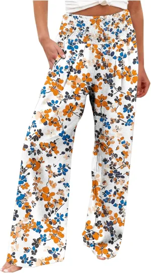 Fashion Print Cotton Linen Casual Pant for Women, Summer Lightweight Breathable Outdoor Trendy Palazzo Trousers