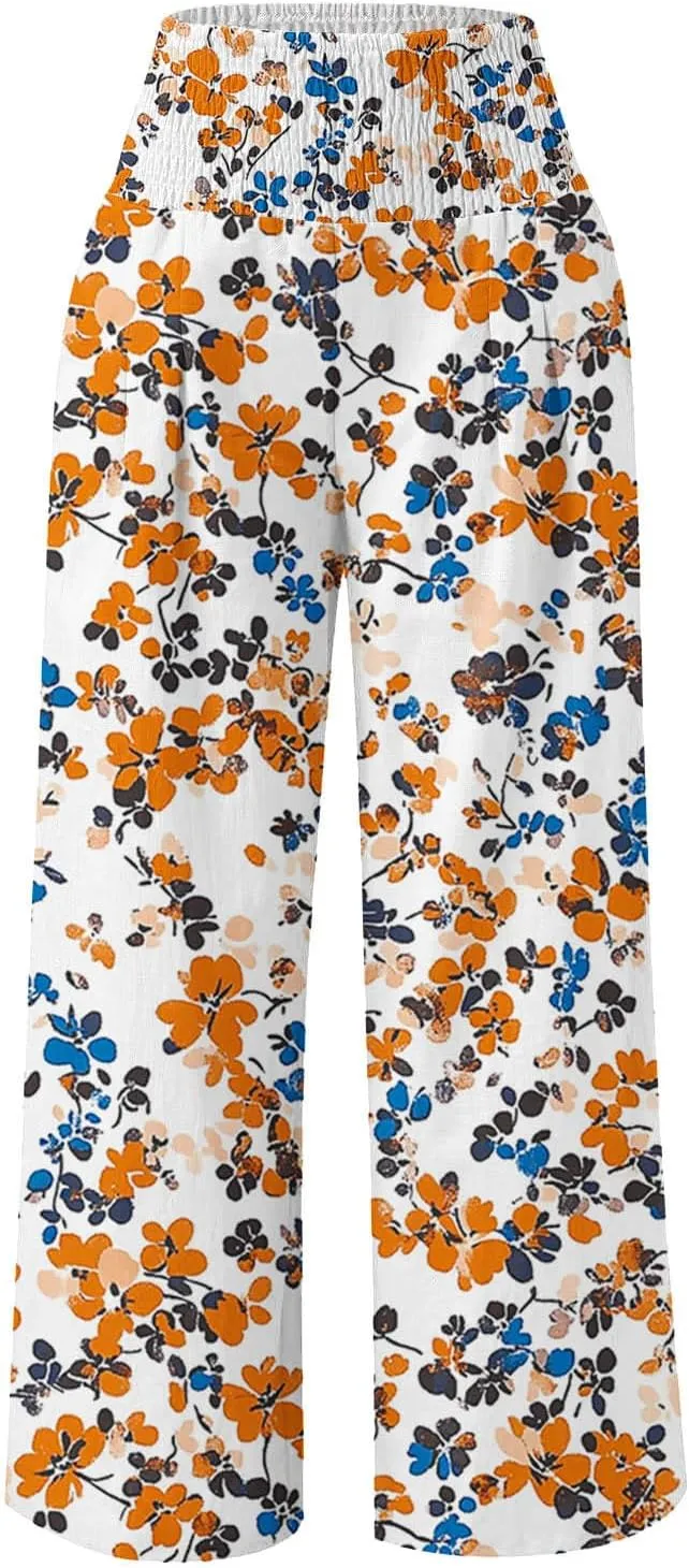 Fashion Print Cotton Linen Casual Pant for Women, Summer Lightweight Breathable Outdoor Trendy Palazzo Trousers