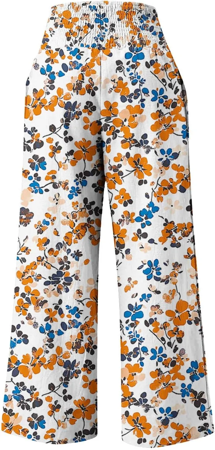 Fashion Print Cotton Linen Casual Pant for Women, Summer Lightweight Breathable Outdoor Trendy Palazzo Trousers