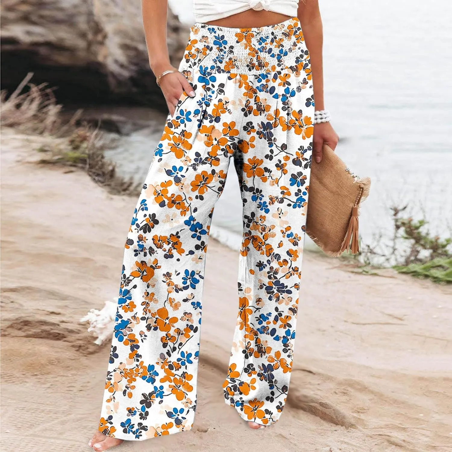 Fashion Print Cotton Linen Casual Pant for Women, Summer Lightweight Breathable Outdoor Trendy Palazzo Trousers