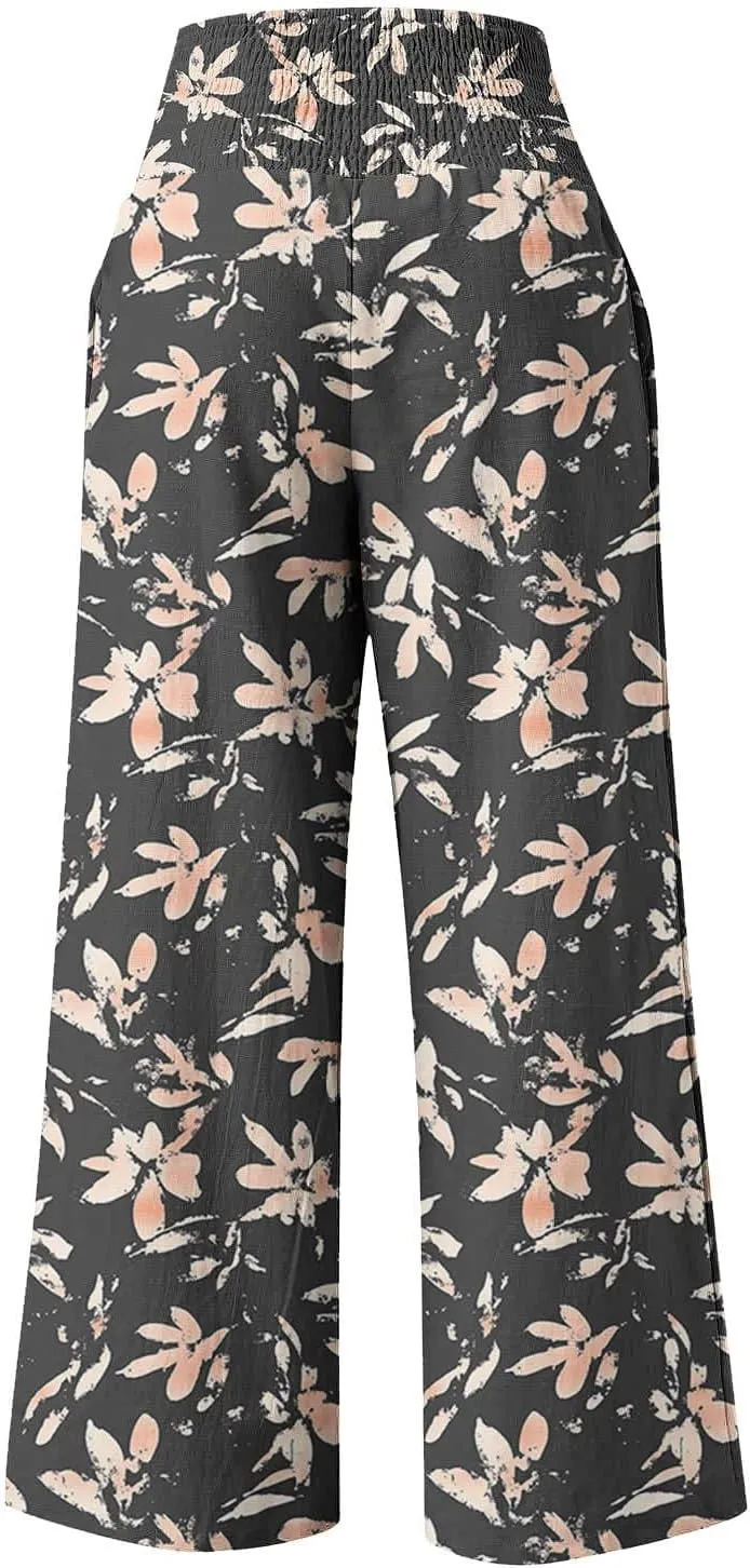 Fashion Print Cotton Linen Casual Pant for Women, Summer Lightweight Breathable Outdoor Trendy Palazzo Trousers