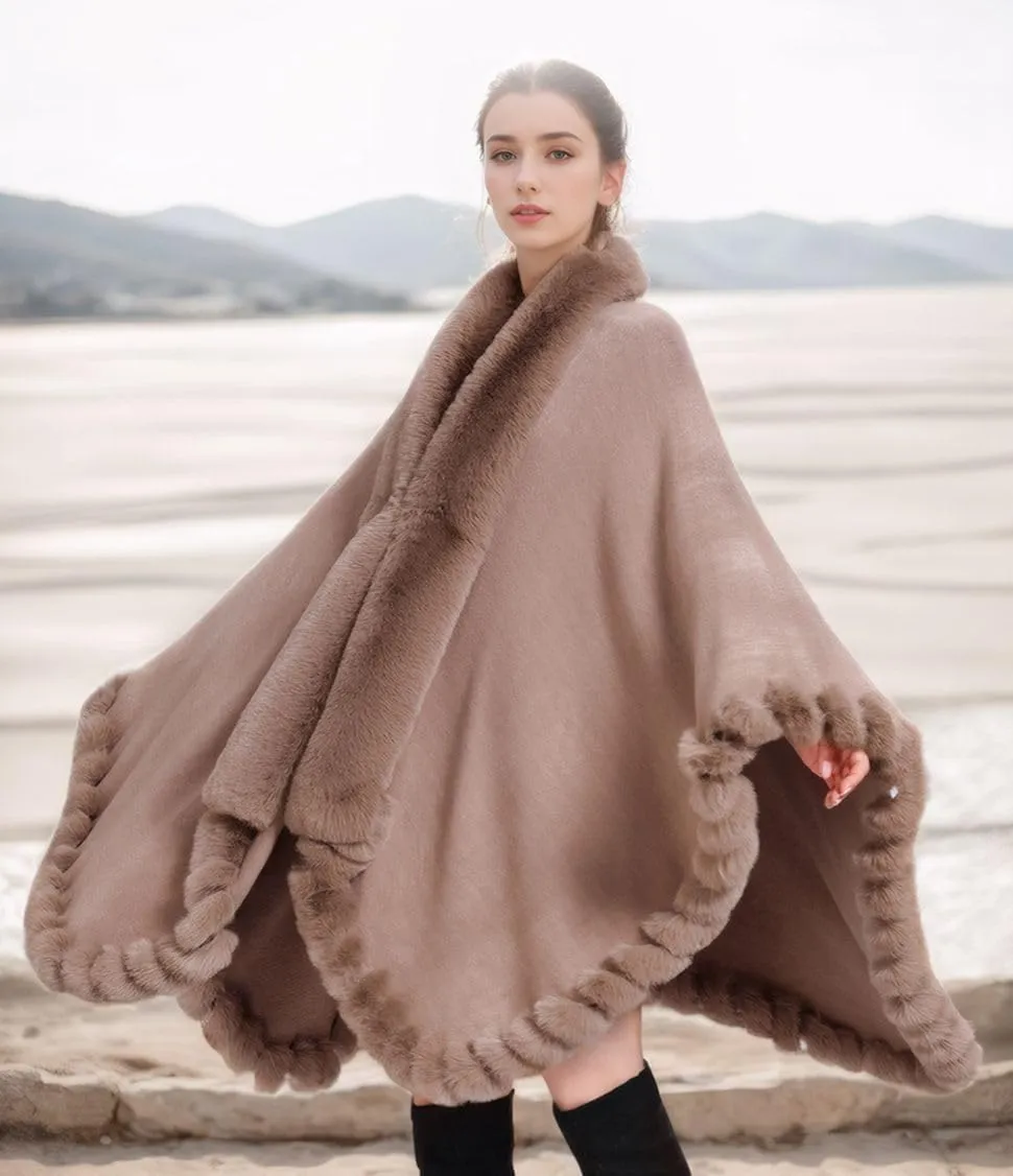 Faux Fox Fur Trim Cardigan Cloak Shawl Wraps Winter Poncho Oversized Cape