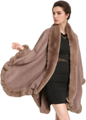 Faux Fox Fur Trim Cardigan Cloak Shawl Wraps Winter Poncho Oversized Cape