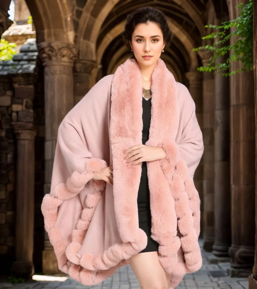 Faux Fox Fur Trim Cardigan Cloak Shawl Wraps Winter Poncho Oversized Cape
