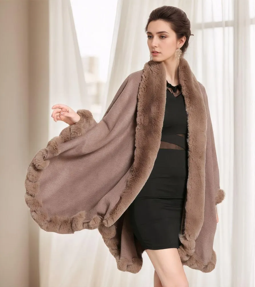 Faux Fox Fur Trim Cardigan Cloak Shawl Wraps Winter Poncho Oversized Cape