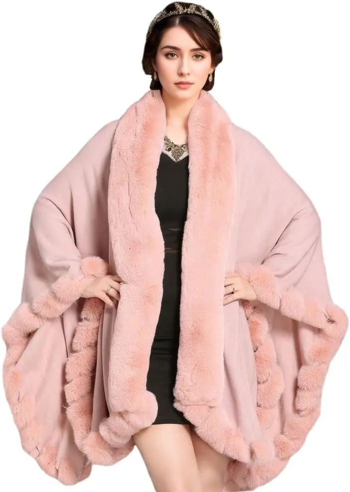 Faux Fox Fur Trim Cardigan Cloak Shawl Wraps Winter Poncho Oversized Cape