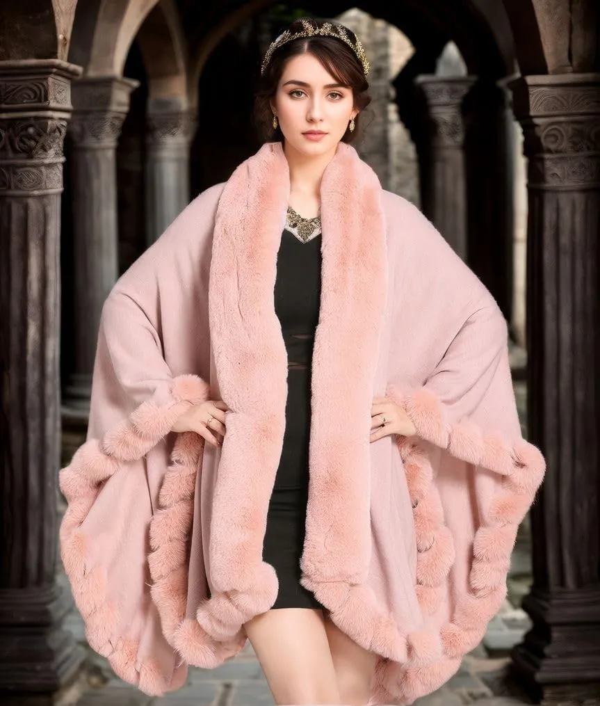 Faux Fox Fur Trim Cardigan Cloak Shawl Wraps Winter Poncho Oversized Cape