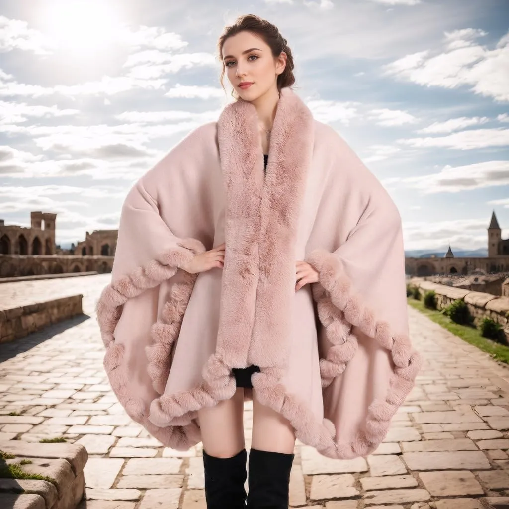 Faux Fox Fur Trim Cardigan Cloak Shawl Wraps Winter Poncho Oversized Cape