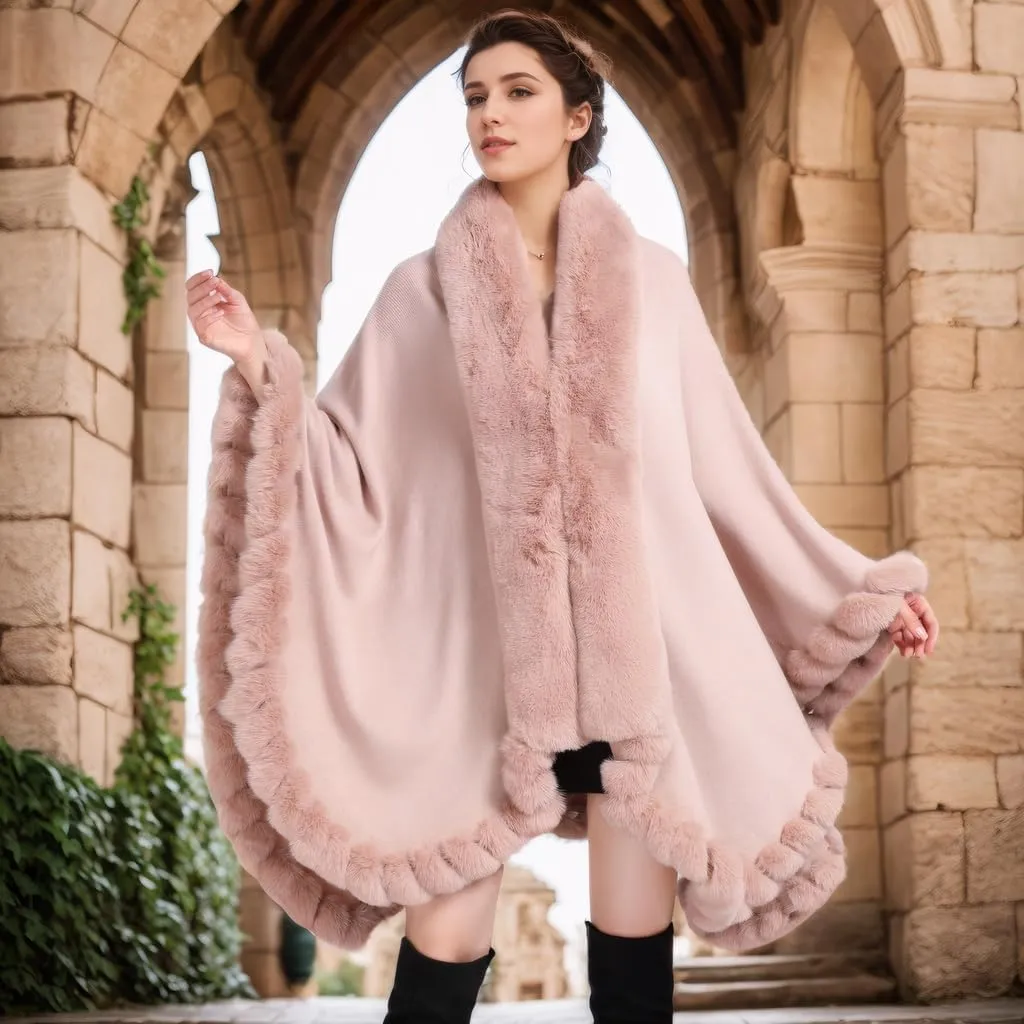 Faux Fox Fur Trim Cardigan Cloak Shawl Wraps Winter Poncho Oversized Cape