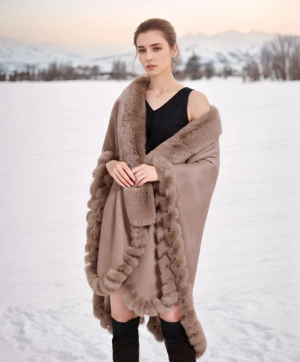 Faux Fox Fur Trim Cardigan Cloak Shawl Wraps Winter Poncho Oversized Cape