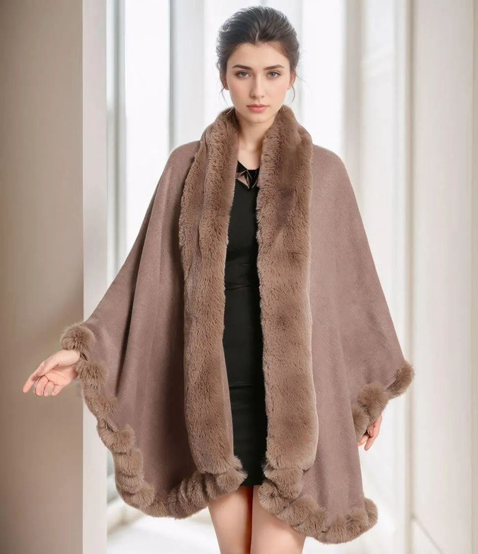 Faux Fox Fur Trim Cardigan Cloak Shawl Wraps Winter Poncho Oversized Cape