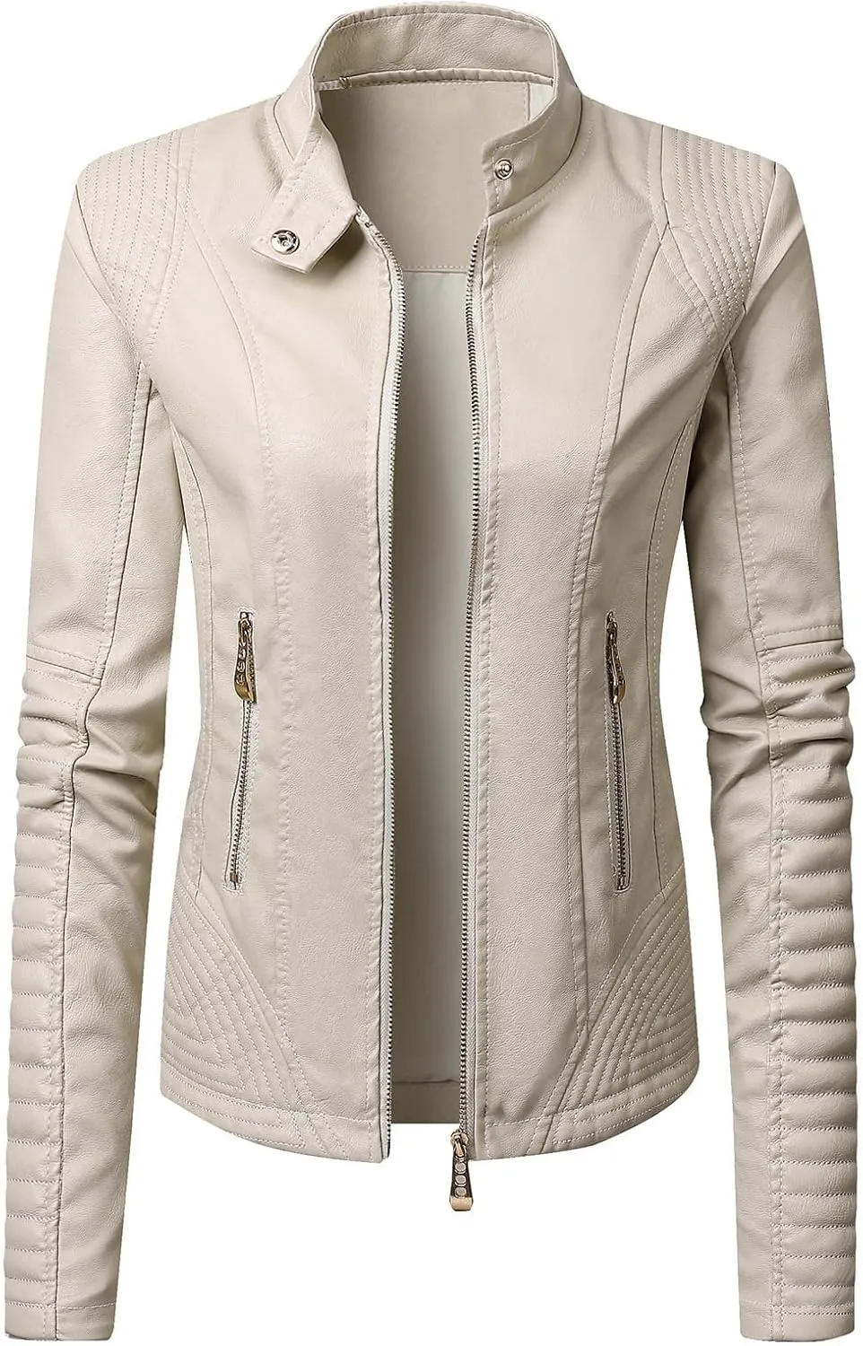 Faux Leather Jacket for Women Stand Collar Coat Short Slim Fit Jackets Zipper Outerwear Zip up Moto Bike Bomber Coats