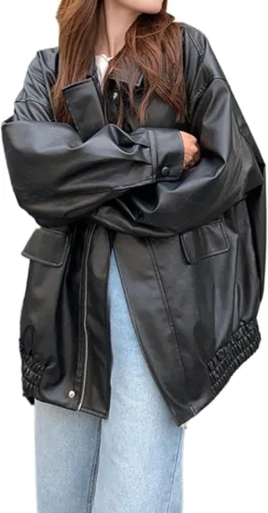 Faux Leather Jacket Women Oversized Bomber Jacket Motorcycle Plus Size Moto Biker Winter Coat Trendy Outerwear
