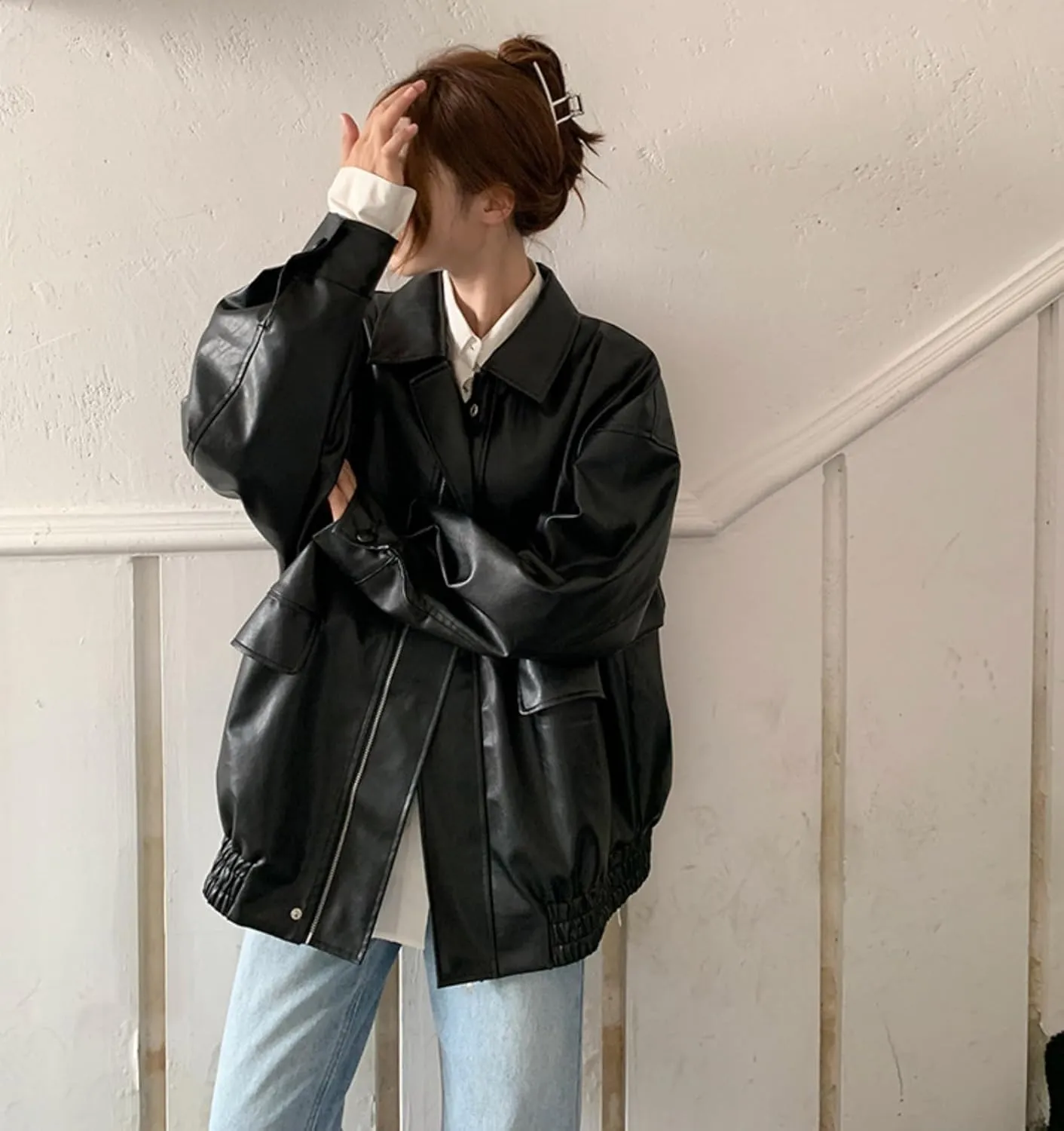 Faux Leather Jacket Women Oversized Bomber Jacket Motorcycle Plus Size Moto Biker Winter Coat Trendy Outerwear