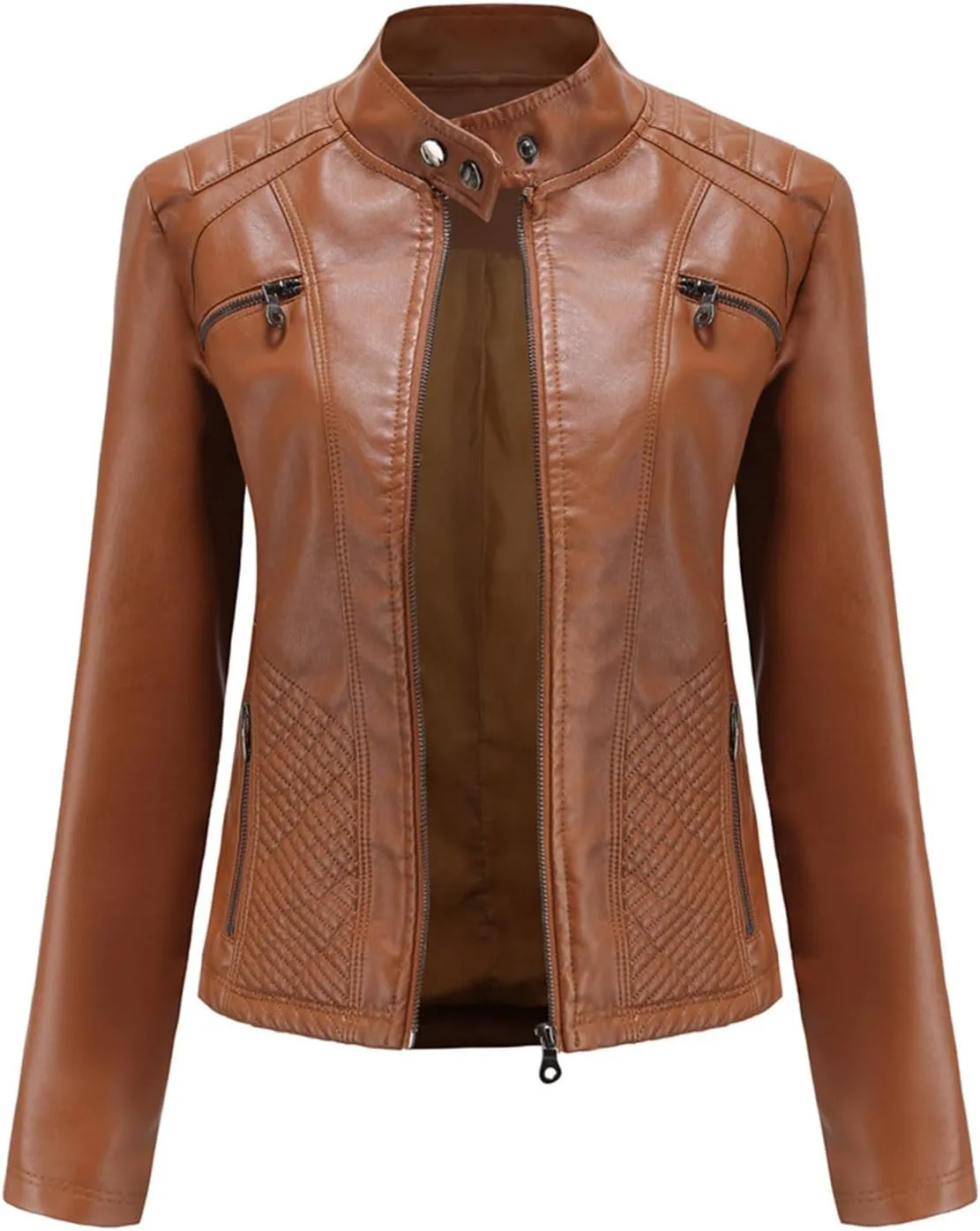 Faux Leather Jackets for Women UK PU Cropped Coats Full Zipper Stand Collar Tunics Windproof Waterproof Trench Coats