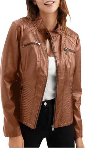 Faux Leather Jackets for Women UK PU Cropped Coats Full Zipper Stand Collar Tunics Windproof Waterproof Trench Coats