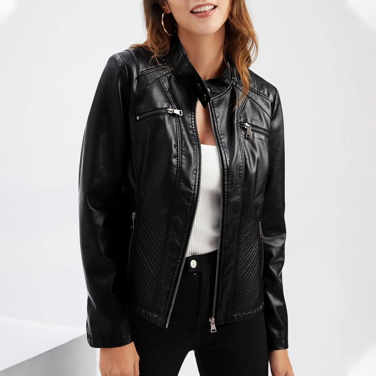 Faux Leather Jackets for Women UK PU Cropped Coats Full Zipper Stand Collar Tunics Windproof Waterproof Trench Coats