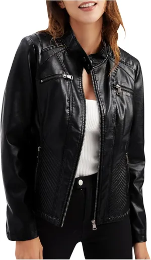 Faux Leather Jackets for Women UK PU Cropped Coats Full Zipper Stand Collar Tunics Windproof Waterproof Trench Coats