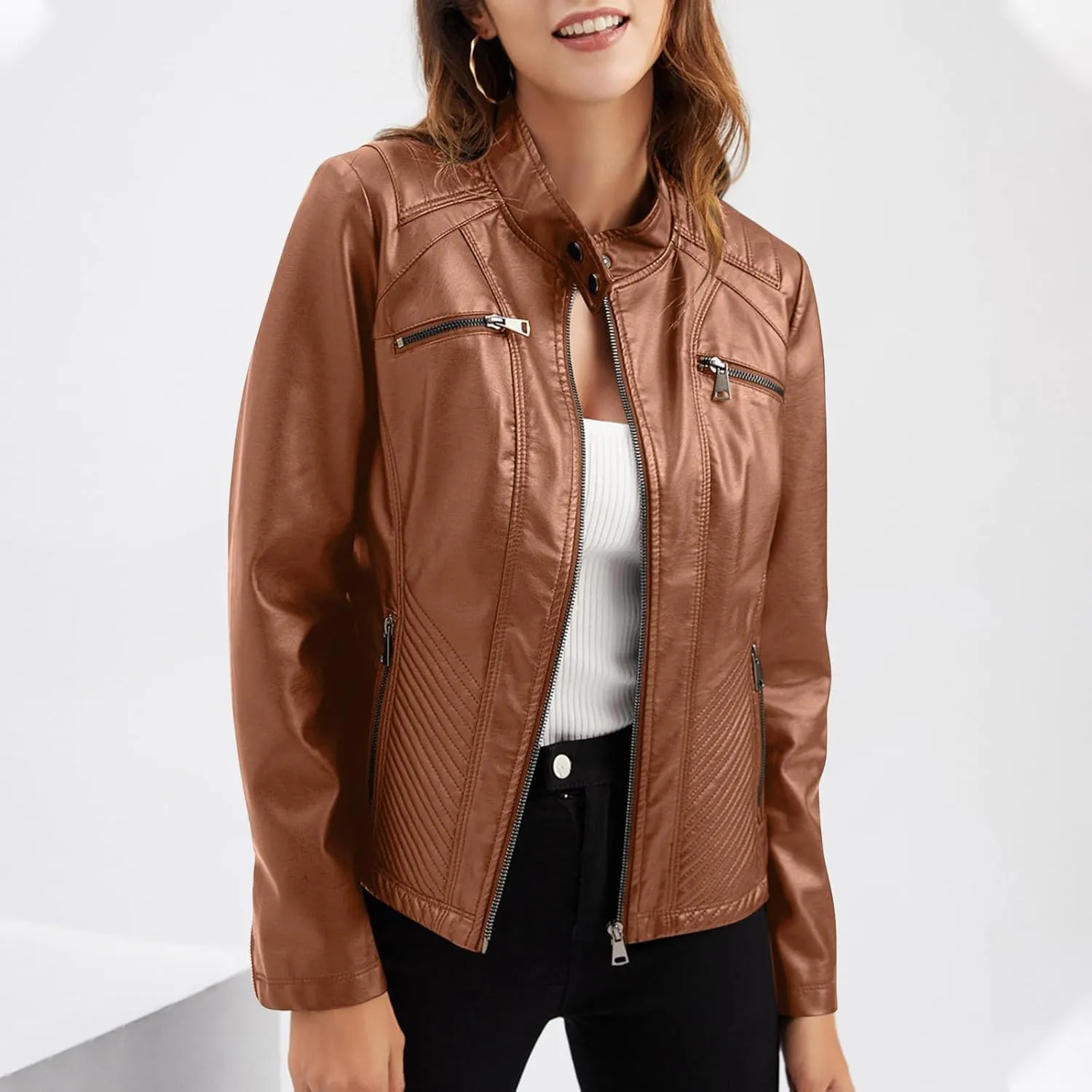 Faux Leather Jackets for Women UK PU Cropped Coats Full Zipper Stand Collar Tunics Windproof Waterproof Trench Coats