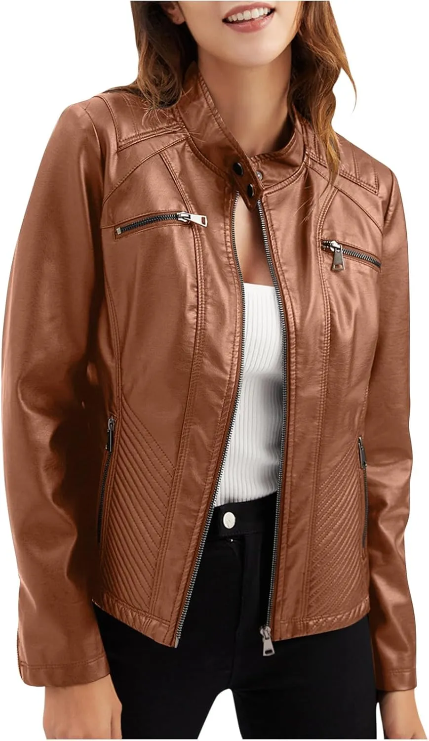 Faux Leather Jackets for Women UK PU Cropped Coats Full Zipper Stand Collar Tunics Windproof Waterproof Trench Coats