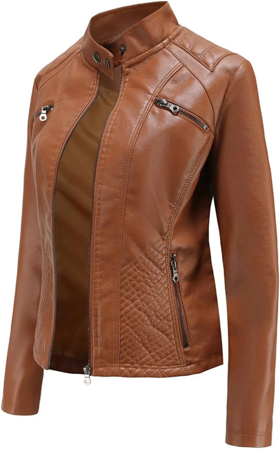 Faux Leather Jackets for Women UK PU Cropped Coats Full Zipper Stand Collar Tunics Windproof Waterproof Trench Coats